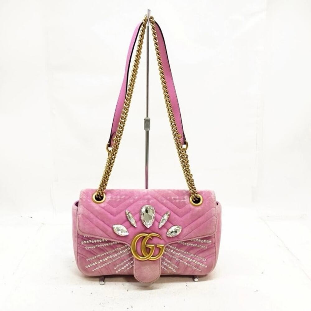 GUCCI GG Marmont Pink Velvet Crystal Embellished Flap Bag Handbag